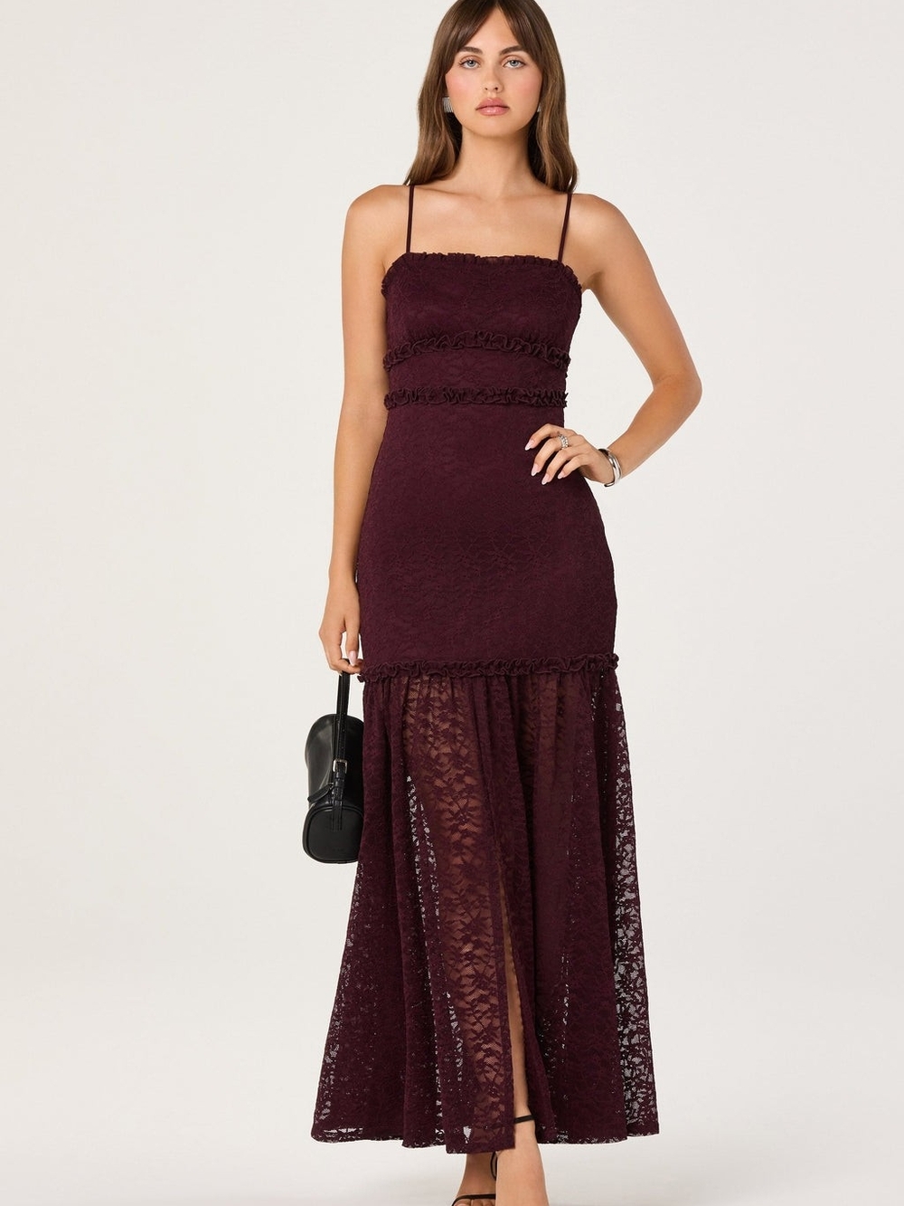 ASTR the Label Ruffle Detail Lace Maxi Dress In Deep Plum Size S